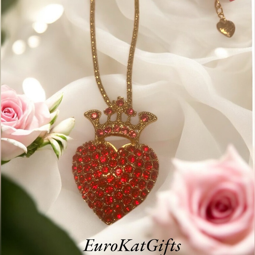 NEW Betsey Johnson Gold Crystal Crown Red CZ Heart Necklace 18”-22” chain NWT